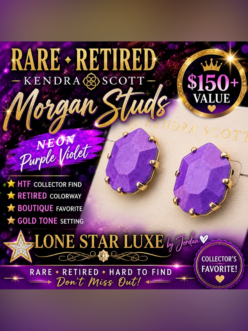 Kendra Scott Morgan Stud Earrings – Neon Purple Violet – Retired HTF 💜